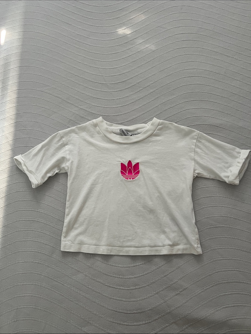 adidas White Cropped Tee with Pink Trefoil
